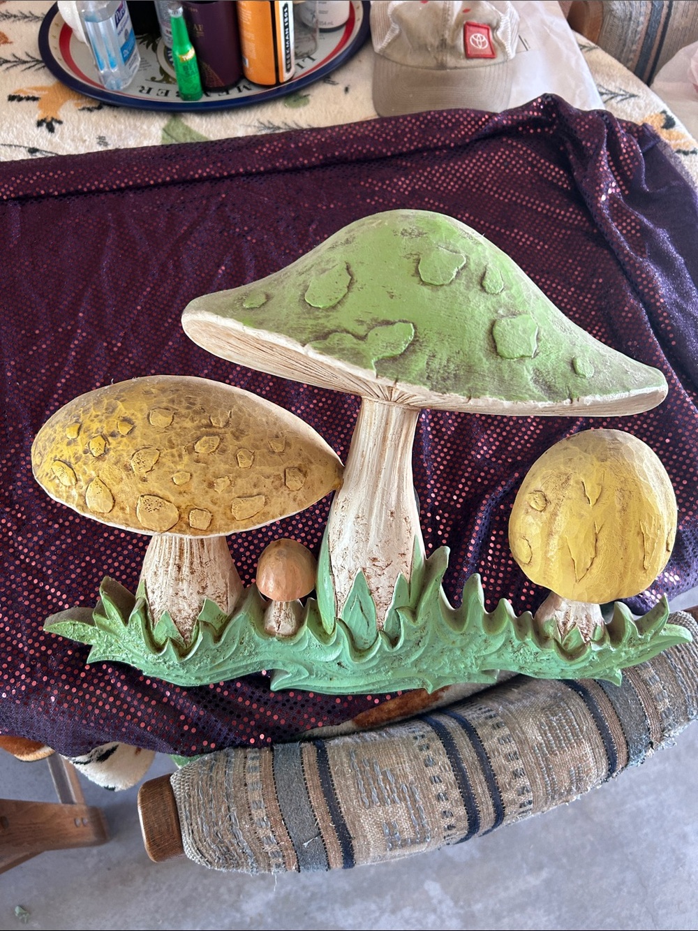 Hand-Painted Mushroom Sculpture Wall Accent in Green & Yellow